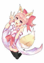 Rule 34 | 1girl, animal ears, bad id, bad pixiv id, blush, bow, detached sleeves, double fox shadow puppet, double n/, dress, fox ears, fox shadow puppet, fox tail, hair bow, highres, \n/, nail polish, original, pink eyes, pink hair, pink theme, ponytail, puuzaki puuna, smile, solo, tail, thighhighs, zettai ryouiki