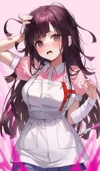 Rule 34 | 1girl, @ @, absurdres, apron, bandaged arm, bandages, black hair, blush, breasts, collared shirt, danganronpa (series), danganronpa 2: goodbye despair, hand on own head, highres, knowa, large breasts, long hair, looking at viewer, miniskirt, mole, mole under eye, open mouth, pink shirt, puffy short sleeves, puffy sleeves, saliva, shirt, short sleeves, skirt, solo, teeth, tsumiki mikan, two-tone shirt, upper teeth only, white apron