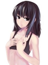 Rule 34 | 1girl, bad id, bad pixiv id, ban (bannyata), bare shoulders, black eyes, black hair, collarbone, hands on own chest, highres, lips, looking at viewer, lunaticmed, original, simple background, solo, tank top, upper body, white background