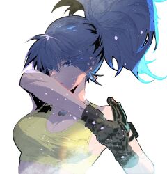 Rule 34 | 1girl, blue eyes, blue hair, breasts, cofffee, dog tags, earrings, gloves, jewelry, leona heidern, light particles, medium breasts, ponytail, simple background, solo, tank top, the king of fighters, the king of fighters xv, white background, yellow tank top