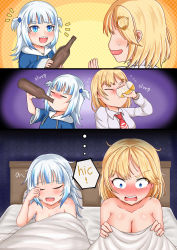 Rule 34 | absurdres, aftersex, alcohol, bed, beer, bite mark, blonde hair, blue eyes, blue hair, blunt bangs, blush, bottle, breasts, chira573, cleavage, dolyawatchira573, drinking, drunk, gawr gura, hair ornament, hickey, highres, hololive, hololive english, hood, medium hair, multicolored hair, multiple girls, open mouth, sharp teeth, streaked hair, teeth, two side up, virtual youtuber, waking up, watson amelia, white hair, wife and wife, yuri