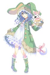 Rule 34 | 10s, 1girl, animal ears, animal hood, blue eyes, blue hair, boots, bow, coat, date a live, dress, eyepatch, green footwear, hand puppet, hood, long hair, looking at viewer, matching hair/eyes, mimimi (echonolog), open mouth, puppet, rabbit ears, ribbon, simple background, solo, standing, stuffed animal, stuffed rabbit, stuffed toy, tail, white background, yoshino (date a live), yoshinon