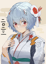 Rule 34 | 1girl, absurdres, adapted costume, ayanami rei, blue hair, breasts, closed mouth, commentary request, flower, flower on head, hair between eyes, highres, interface headset, japanese clothes, kakizome, kimono, long sleeves, looking at viewer, medium breasts, neon genesis evangelion, plugsuit, red eyes, ryes 8, short hair, solo, white kimono