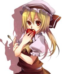 Rule 34 | 1girl, apple, ascot, bad id, bad pixiv id, female focus, flandre scarlet, food, fruit, hair between eyes, hat, lowres, mob cap, simple background, solo, spoon, standing, touhou, tsukioka tsukiho, white background, yellow ascot