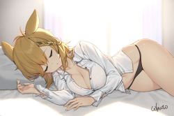Rule 34 | 1girl, animal ears, arknights, black panties, blonde hair, breasts, cleavage, closed eyes, cokuto1, commentary request, cowboy shot, hand up, kroos (arknights), kroos the keen glint (arknights), large breasts, lying, navel, no pants, on side, panties, parted lips, rabbit ears, shirt, short hair, sleeping, solo, thighs, underwear, white shirt