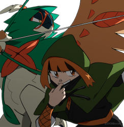 Rule 34 | 1girl, adapted costume, arrow (projectile), black hair, capelet, commentary, creatures (company), decidueye, do9bessa, english commentary, game freak, gardenia (pokemon), gen 7 pokemon, green capelet, hand up, hood, hood up, hooded capelet, multicolored hair, nintendo, orange eyes, orange hair, outstretched arm, pokemon, pokemon (creature), pokemon dppt, short hair, smile, two-tone hair, watermark, white background