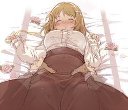 Rule 34 | 10s, 1girl, 7010, belly, blush, breasts, brown hair, commentary request, covered navel, closed eyes, flower, hair flower, hair ornament, idolmaster, idolmaster cinderella girls, large breasts, long sleeves, lying, mimura kanako, on back, plump, rose, short hair, sketch, sleeping