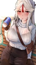 Rule 34 | 1girl, alternate costume, bag, bench, black pantyhose, blush, breasts, can, candy, casual, cigarette, drink, food, genshin impact, gloves, hair ornament, half-closed eyes, highres, large breasts, long hair, long sleeves, looking at viewer, naokomama, ningguang (genshin impact), pantyhose, parted bangs, pencil skirt, pepsi, red eyes, sitting, skirt, smoking, solo, sweater, turtleneck, turtleneck sweater, white hair, white sweater