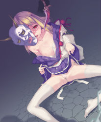 Rule 34 | 1girl, blonde hair, breasts, clothes lift, cum, cum in mouth, cum on body, cum on upper body, dagger, eichi (yashokuya), fantasy earth zero, flat chest, hannya, highres, horns, japanese clothes, knife, mask, nipples, open clothes, open mouth, original, panties, red eyes, short hair, sitting, skirt, skirt lift, solo, spread legs, thighhighs, underwear, upskirt, weapon, white thighhighs