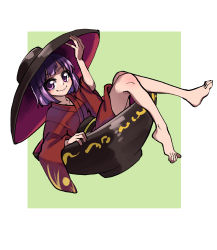 Rule 34 | 1girl, bare legs, barefoot, blush, border, bowl, bowl hat, breasts, closed mouth, commentary request, feet, full body, green background, hand on headwear, happy, hat, highres, japanese clothes, kimono, long sleeves, looking at viewer, mini person, minigirl, one-hour drawing challenge, purple eyes, purple skirt, red kimono, renshirenji, simple background, sitting, skirt, small breasts, smile, sukuna shinmyoumaru, toes, touhou, two-tone background, white border, wide sleeves