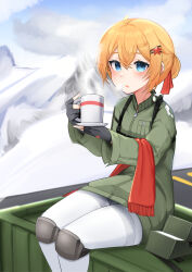 Rule 34 | 1girl, absurdres, blonde hair, blue eyes, blush, coffee mug, commentary, cup, daebom, fingerless gloves, gloves, hair ornament, highres, jacket, looking at viewer, military, military vehicle, motor vehicle, mountain, mug, original, pantyhose, personification, scarf, sitting, snow, t-34, tank, unworn scarf, war thunder, white pantyhose