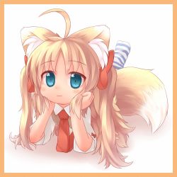 Rule 34 | 1girl, animal ears, blonde hair, blush, borrowed character, chisa (kuroneko liger), fox ears, fox tail, highres, long hair, lying, necktie, on stomach, original, red necktie, simple background, smile, solo, striped, tail, ueno musashi, white background