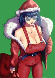 Rule 34 | 1girl, absurdres, bare shoulders, belt, blue hair, breasts, candy, candy cane, christmas, cleavage, coat, erasorpepero, food, fur-trimmed coat, fur trim, green background, hand in pocket, hat, highres, holding, holding sack, hololive, hololive english, huge breasts, looking at viewer, naked overalls, ouro kronii, overalls, red coat, red overalls, round eyewear, sack, santa costume, santa hat, solo, sunglasses, virtual youtuber