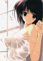 Rule 34 | 1girl, absurdres, against wall, black eyes, black hair, blush, breasts, cherry blossoms, highres, large breasts, nipples, no bra, scan, see-through, shirt, solo, suzuhira hiro, wet, wet clothes, wet shirt
