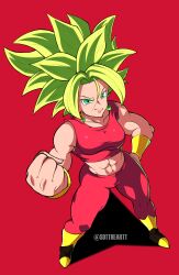 Rule 34 | 1girl, abs, absurdres, armlet, breasts, crop top, dragon ball, dragon ball super, earrings, green eyes, green hair, highres, jewelry, kefla (dragon ball), muscular, muscular female, pants, potara earrings, red background, saiyan, shoes, simple background, solo, sottart, spiked hair, super saiyan