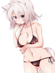 Rule 34 | 1girl, animal ears, bikini, blush, breast rest, breasts, cum, cum on body, cum on breasts, cum on upper body, dutch angle, facial, female focus, gluteal fold, highres, inubashiri momiji, large breasts, looking at viewer, navel, red eyes, short hair, silver hair, simple background, solo, suggestive fluid, swimsuit, tail, takimoto yukari, tongue, tongue out, touhou, white background, wolf ears, wolf tail