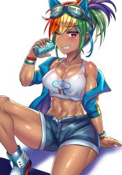 Rule 34 | 1girl, animal ears, blue footwear, blue shorts, blush, breasts, can, cleavage, dark-skinned female, dark skin, english text, fake animal ears, goggles, grin, highres, holding, holding can, horse ears, kotobukiya bishoujo, looking at viewer, medium breasts, multicolored hair, muscular, my little pony, my little pony: friendship is magic, one eye closed, personification, purple eyes, rainbow dash, shadow, shoes, short shorts, shorts, simple background, sitting, smile, solo, white background