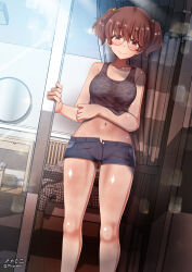 Rule 34 | 1girl, alisa (girls und panzer), blue shorts, blush, breasts, brown eyes, brown hair, camouflage, camouflage shirt, closed mouth, freckles, girls und panzer, glasses, hair ornament, highres, indoors, looking at viewer, megadeko, midriff, navel, shirt, short hair, short shorts, shorts, small breasts, smile, solo, star (symbol), star hair ornament, twintails