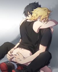 Rule 34 | 2boys, absurdres, against wall, anal, ass, blush, final fantasy, final fantasy xv, fingering, highres, male penetrated, multiple boys, noctis lucis caelum, prompto argentum, sitting, sweat, undressing, wince, yaoi, zehel az