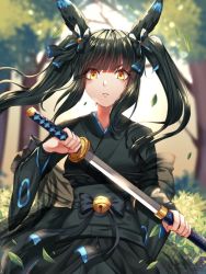 Rule 34 | 1girl, alternate color, animal ears, artist name, bell, black bow, black hair, black kimono, blurry, blurry background, bow, creatures (company), floating hair, game freak, gen 2 pokemon, hair bow, holding, holding sheath, holding sword, holding weapon, humanization, japanese clothes, kimono, long hair, long sleeves, looking at viewer, nintendo, obi, outdoors, parted lips, pokemon, sash, see-through, sheath, shiny pokemon, solo, sword, twintails, umbreon, unsheathing, wani (fadgrith), weapon, yellow eyes
