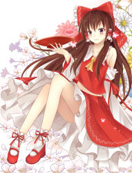 Rule 34 | 1girl, ankle ribbon, ankle socks, ascot, bare shoulders, bow, brown hair, cherry blossoms, coffeedog, cup, daisy, detached sleeves, floral background, flower, full body, hair bow, hair tubes, hakurei reimu, knees up, leg ribbon, long hair, looking at viewer, mary janes, midriff, navel, reclining, red eyes, ribbon, sakazuki, shoes, sidelocks, skirt, skirt set, smile, socks, solo, touhou, white background