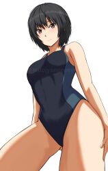 Rule 34 | 1girl, amagami, black hair, black one-piece swimsuit, blush, breasts, brown eyes, closed mouth, commentary, competition swimsuit, duplicate, from below, frown, gluteal fold, hand on own thigh, highleg, highres, looking at viewer, medium breasts, mitojyaneeeeyo, nanasaki ai, one-piece swimsuit, pixel-perfect duplicate, short hair, simple background, solo, swimsuit, thighs, twitter username, watermark