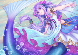 Rule 34 | 1girl, bad id, bad pixiv id, breasts, bubble, cleavage, closed mouth, collarbone, fins, head fins, highres, kosai takayuki, long hair, looking at viewer, medium breasts, mermaid, monster girl, purple eyes, purple hair, skirt, smile, solo, the little mermaid, the little mermaid (andersen), underwater, very long hair, white skirt