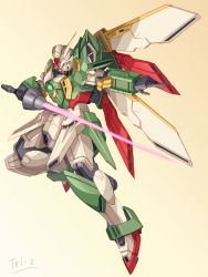 Rule 34 | beam rifle, beam saber, commentary request, energy gun, full body, glowing, gundam, gundam build fighters, highres, holding, holding weapon, mecha, no humans, robot, solo, tei-o, weapon, wing gundam fenice, wings