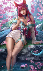 Rule 34 | 1girl, ahri (league of legends), animal ear fluff, animal ears, arm support, bare legs, bare shoulders, bell, blue eyes, breasts, cherry blossoms, cleavage, curvy, female focus, fingernails, fox ears, hair bell, hair ornament, hair ribbon, hand on own chest, large breasts, league of legends, lips, long hair, looking at viewer, nail polish, nose, outdoors, parted lips, patreon username, pink hair, red nails, ribbon, sitting, solo, spirit blossom ahri, tree, watermark, web address, wickellia