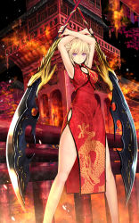 Rule 34 | 1girl, architecture, armpits, arms up, bell, blonde hair, braid, breasts, cat, catbell, china dress, chinese clothes, cleavage, cleavage cutout, closed mouth, clothing cutout, dragon print, dress, dual wielding, east asian architecture, eyebrows, fire, hair bun, holding, holding weapon, lantern, leaf, legs apart, looking at viewer, maple leaf, night, night sky, original, outdoors, paper lantern, polearm, print dress, purple eyes, red dress, revision, side cutout, side slit, single hair bun, sky, sleeveless, sleeveless dress, solo, standing, weapon, wood