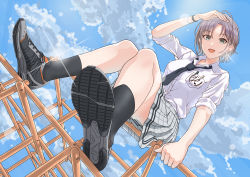 Rule 34 | 1girl, :d, absurdres, asakura toru, bad id, bad pixiv id, black footwear, black necktie, blue eyes, blue skirt, blue sky, breast pocket, cloud, collar, day, from below, hachisu lotus, hand on railing, highres, idolmaster, idolmaster shiny colors, initial, jungle gym, looking at viewer, multicolored hair, necktie, open mouth, outdoors, parted bangs, pen, plaid, plaid skirt, pleated skirt, pocket, school uniform, shirt, shoes, short hair, sitting, skirt, sky, sleeves rolled up, smile, sneakers, solo, sun, two-tone hair, white collar, white shirt, wristband