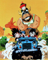 Rule 34 | 1girl, 3boys, car, chi-chi (dragon ball), cigarette, closed eyes, dinosaur, dragon ball, dragon ball (object), dragonball z, driving, father and son, gyuu mao, happy, highres, missing tooth, motor vehicle, mountain, multiple boys, official art, orange sky, scan, simple background, sky, smile, smoking, son gohan, son goku, steering wheel, teeth, third-party edit, third-party watermark, toriyama akira