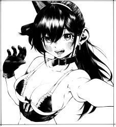 Rule 34 | 1girl, absurdres, animal ears, bikini, black gloves, black hair, blush, breasts, cat ears, cleavage, collar, earrings, fake animal ears, gagaimo, gloves, greyscale, headband, highres, jewelry, large breasts, long hair, looking at viewer, maid, maid bikini, mole, mole under eye, monochrome, original, simple background, solo, swimsuit, teeth, traditional media, unconventional maid, upper teeth only, white background