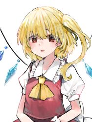 Rule 34 | 1girl, ascot, blonde hair, blush, commentary request, crystal wings, flandre scarlet, highres, looking at viewer, medium hair, no headwear, one side up, open mouth, red eyes, red vest, short sleeves, simple background, solo, touhou, upper body, vest, white background, yellow ascot, yurara (aroma42enola)