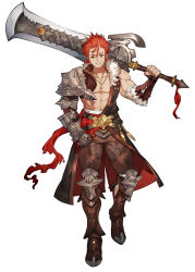 Rule 34 | 1boy, atelier (series), atelier ryza, atelier ryza 3, brown gloves, brown pants, buckle, full body, gauntlets, gloves, highres, huge weapon, lent marslink, looking at viewer, male focus, muscular, muscular male, official art, pants, red hair, second-party source, single gauntlet, single glove, smile, solo, sword, toridamono, weapon, white background, yellow eyes