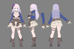 Rule 34 | 1girl, absurdres, blue eyes, boots, breasts, brown footwear, closed mouth, commentary request, concept art, contemporary, contrapposto, enkyo yuuichirou, flower, from behind, gloves, grey background, grey hair, hair flower, hair ornament, high heel boots, high heels, highres, holster, layered skirt, long hair, long sleeves, looking at viewer, medium breasts, multiple views, original, parted bangs, purple flower, purple rose, rose, silva (enkyo yuuichirou), simple background, skirt, standing, thigh strap, white gloves
