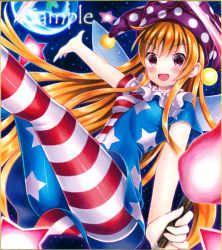 Rule 34 | 1girl, :d, american flag dress, american flag legwear, blonde hair, blush, breasts, clownpiece, dress, earth (planet), fairy, fairy wings, hat, holding, jester cap, kodamahikarigo, legs up, long hair, looking at viewer, neck ruff, open mouth, outstretched arm, pantyhose, planet, print pantyhose, purple eyes, reclining, sample watermark, short dress, short sleeves, sidelocks, sky, small breasts, smile, solo, star (sky), star (symbol), star print, starry sky, striped clothes, striped dress, striped pantyhose, torch, touhou, traditional media, very long hair, watermark, wings