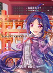 Rule 34 | 10s, 1girl, hairband, highres, long hair, purple hair, red eyes, shorts, solo, srx61800, sword art online, temple, thighhighs, torii, winter clothes, yuuki (sao)