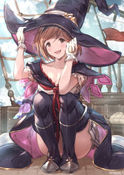 Rule 34 | 1girl, :d, arms up, bad id, bad pixiv id, black footwear, black hat, black thighhighs, blue sky, boots, breasts, brown eyes, brown hair, cleavage, cloud, cloudy sky, collarbone, commentary, day, djeeta (granblue fantasy), english commentary, gloves, granblue fantasy, hair between eyes, hands on headwear, hat, head tilt, highres, medium breasts, milli little, open mouth, outdoors, pleated skirt, red neckwear, shirt, short hair, short sleeves, skirt, sky, smile, solo, squatting, thigh boots, thighhighs, white gloves, white shirt, white skirt, witch hat