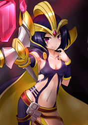 Rule 34 | 1girl, 604957951, armpits, breasts, cape, center opening, cleavage, crystal, leblanc (league of legends), headgear, league of legends, looking at viewer, midriff, navel, pink eyes, purple hair, short hair, smile, solo, staff, zhainan s-jun