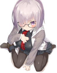 Rule 34 | &gt;:(, 1girl, ankle boots, black-framed eyewear, black shirt, black skirt, blush, boots, breasts, brown footwear, brown pantyhose, closed mouth, fate/grand order, fate (series), from above, frown, glasses, grey jacket, hair over one eye, hand on own chest, highres, jacket, jonsun, large breasts, light purple hair, lips, long sleeves, looking at viewer, looking up, mash kyrielight, necktie, open clothes, open jacket, pantyhose, pleated skirt, purple eyes, red necktie, serious, shirt, short hair, simple background, sitting, skirt, solo, spread legs, taut clothes, taut shirt, teardrop, tears, unzipped, v-shaped eyebrows, wariza, white background, zipper