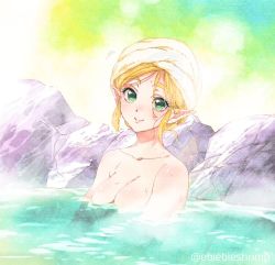 Rule 34 | 1girl, arms at sides, bath, bathing, blonde hair, blush, breasts, c:, cleavage, closed mouth, collarbone, elf, female focus, floating breasts, green eyes, hair between eyes, hair up, looking at viewer, medium breasts, neck, nintendo, nude, onsen, outdoors, partially submerged, pointy ears, princess zelda, rock, short hair, shuri (84k), sitting, smile, solo, steam, submerged, sweat, swept bangs, the legend of zelda, the legend of zelda: breath of the wild, thick eyebrows, towel, towel on head, twitter username, water, wet, white towel