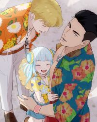 Rule 34 | 1girl, 2boys, 2g (gutsugutsukuma), ao isami, bare pectorals, black hair, blonde hair, blush, day, dog tags, facial hair, from above, hawaiian shirt, height difference, highres, leaning forward, lewis smith, looking at viewer, lulu (bang bravern), multiple boys, official alternate costume, open clothes, open shirt, pants, pectorals, shirt, sideburns stubble, smile, stubble, thick eyebrows, toned, toned male, undercut, yuuki bakuhatsu bang bravern
