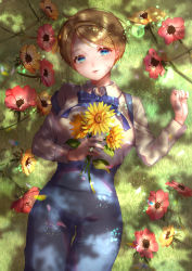 Rule 34 | 1girl, axis powers hetalia, blonde hair, blue bow, blue bowtie, blue eyes, blue pants, blush, bow, bowtie, breasts, brown hair, collared shirt, cowboy shot, dappled sunlight, day, flower, hair ornament, hairband, hand up, hatake hukuro, highres, large breasts, light particles, long sleeves, looking at viewer, lying, nature, on back, on ground, outdoors, pants, red flower, shirt, short hair, smile, solo, sunflower, sunlight, suspenders, suspenders slip, thigh gap, ukraine (hetalia), white shirt, x hair ornament, yellow flower