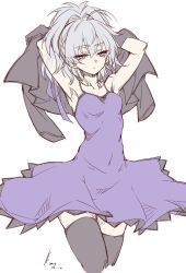 Rule 34 | 1girl, armpits, breasts, closed mouth, darker than black, dress, highres, kaiser2050101, long hair, looking at viewer, ponytail, purple dress, purple eyes, silver hair, simple background, solo, thighhighs, white background, yin (darker than black)