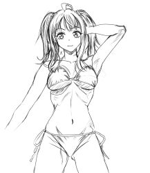 1girl alternate_hairstyle arm_behind_head armpits bikini breasts highres kousan large_breasts legs looking_at_viewer make_heroine_ga_oo_sugiru! medium_hair monochrome navel side-tie_bikini_bottom sketch smile solo swimsuit thighs twintails yanami_anna