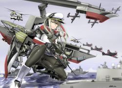 Rule 34 | 1girl, aircraft, aircraft request, black gloves, black pantyhose, blonde hair, capelet, ch-47 chinook, commentary request, firearm request, full body, gloves, graf zeppelin (kancolle), grey eyes, gun, hair between eyes, hat, headphones, helicopter, jacket, kantai collection, looking at viewer, machinery, military, military hat, military uniform, miniskirt, necktie, pantyhose, peaked cap, rifle, saizu nitou gunsou, ship, sidelocks, skirt, solo, twintails, uniform, water, watercraft, weapon, white hat
