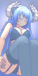 Rule 34 | 1girl, artist name, bare shoulders, black bra, black panties, blue background, blue eyes, blue hair, blush, bra, breasts, cleavage, closed mouth, collarbone, commentary, endlesstsubaki, english commentary, feet out of frame, garter straps, hand on thigh, highres, horns, kiseijou rei, kiseijou rei (goddess form), large breasts, long hair, looking at viewer, neptune (series), panties, simple background, smile, smug, solo, symbol-shaped pupils, thighhighs, underwear
