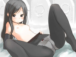 Rule 34 | 10s, 1girl, asashio (kancolle), black eyes, black gloves, black hair, black pantyhose, blush, bow, bow panties, breasts, clothes pull, crotch seam, elbow gloves, gloves, kantai collection, long hair, lying, nipples, no pants, on back, panties, panties under pantyhose, panty pull, pantyhose, pantyhose pull, retsumaru, small breasts, solo, spread legs, topless, underwear, white panties