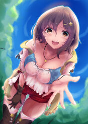 Rule 34 | 1girl, :d, atelier (series), atelier ryza, atelier ryza 1, blue sky, boots, breasts, brown footwear, brown gloves, brown hair, cleavage, commentary request, detached sleeves, from below, gloves, hair ornament, hairclip, hand on own thigh, jacket, jewelry, large breasts, leaning forward, leather, leather gloves, looking at viewer, necklace, no headwear, open mouth, outdoors, outstretched hand, reaching, reaching towards viewer, red shorts, reisalin stout, saboten teishoku, see-through, shirt, short hair, short shorts, shorts, single glove, sky, sleeveless, sleeveless jacket, sleeveless shirt, smile, solo, star (symbol), star necklace, thighhighs, thighhighs under boots, thighs, tree, wet, wet clothes, wet hair, white shirt, white sleeves, white thighhighs, yellow jacket